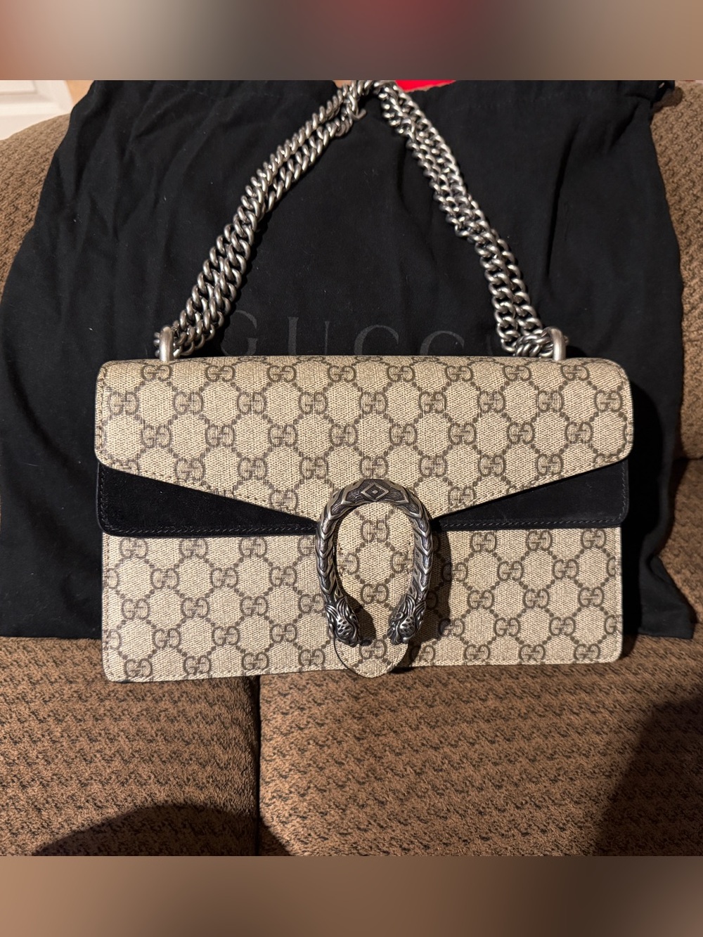 Gucci Beige GG Supreme Dionysus Shoulder Bag with Black Trim